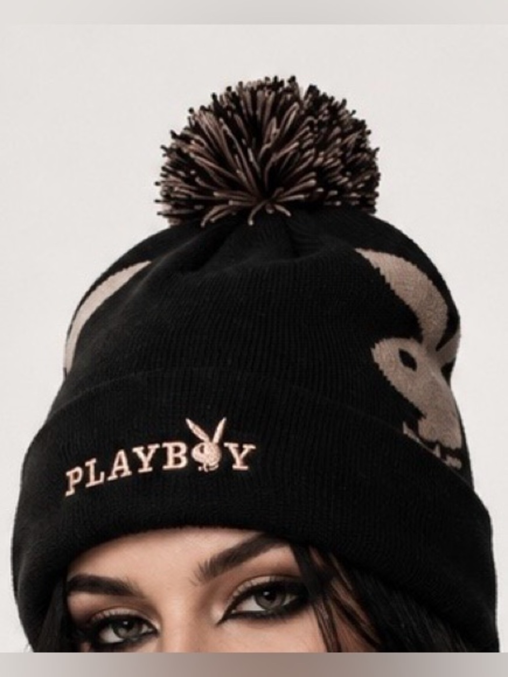 Rare NWOT 2000’s PLAYBOY Black Knit Pom Beanie with Logo